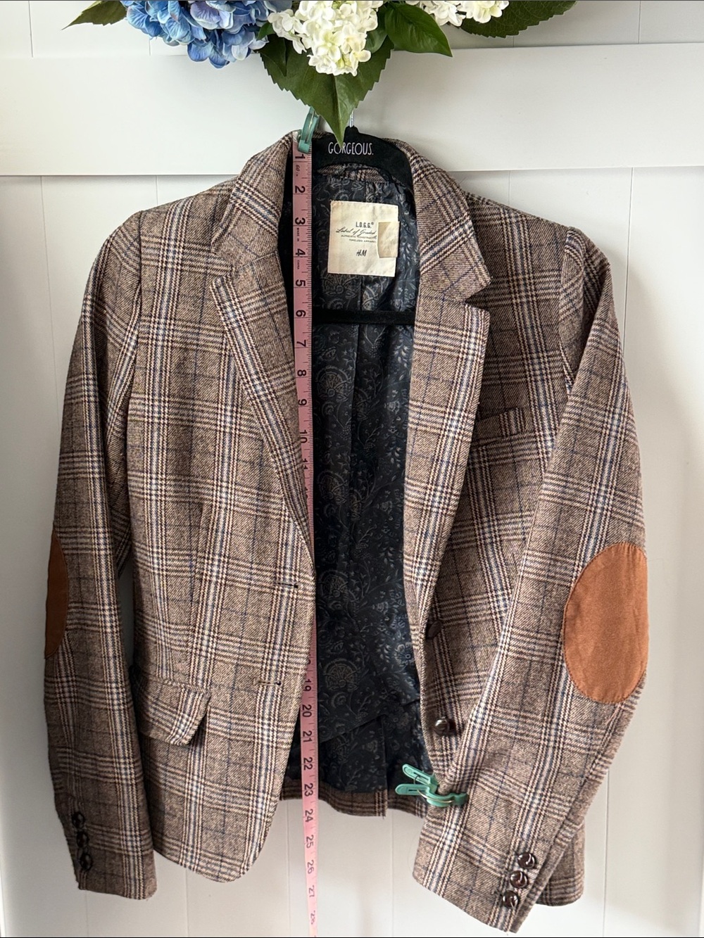 H&M Plaid Blazer with Tan Elbow Patches